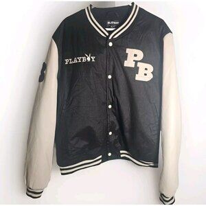 Playboy Varsity Jacket Mens Large XL Black White Long Sleeve Logo Bunny Graphic